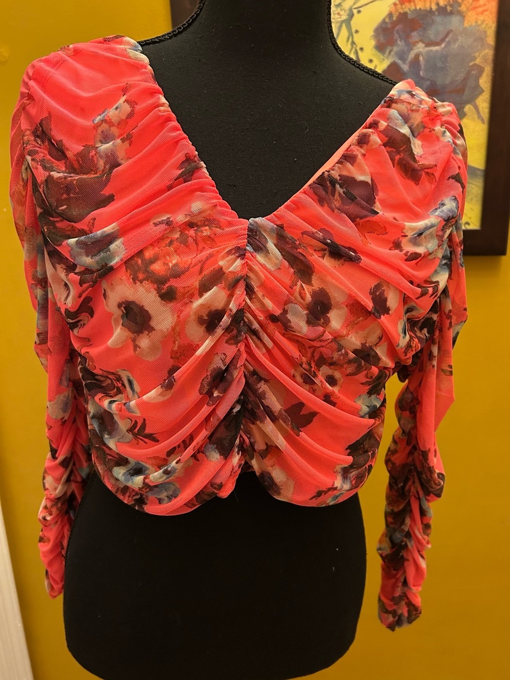 Free Press Bright Neon Hot Pink Floral Ruched Blouse XL